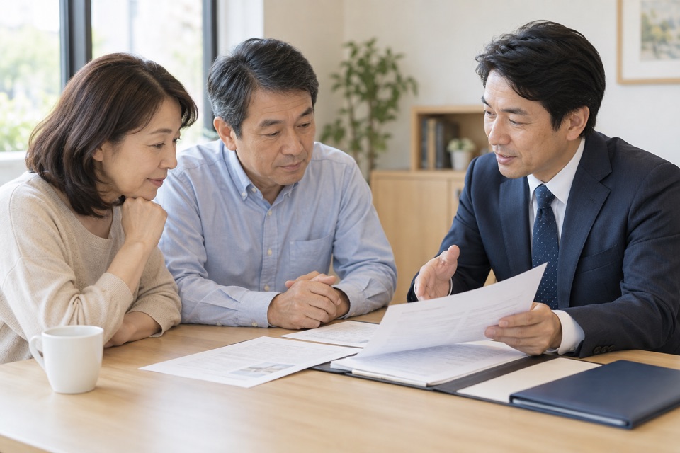 資料を見ながら相続手続きの説明を受ける相談風景（イメージ）